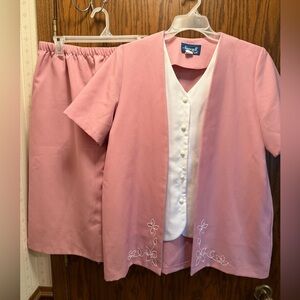 Vintage Women's Nancy II Pink and White Skirt Suit Set